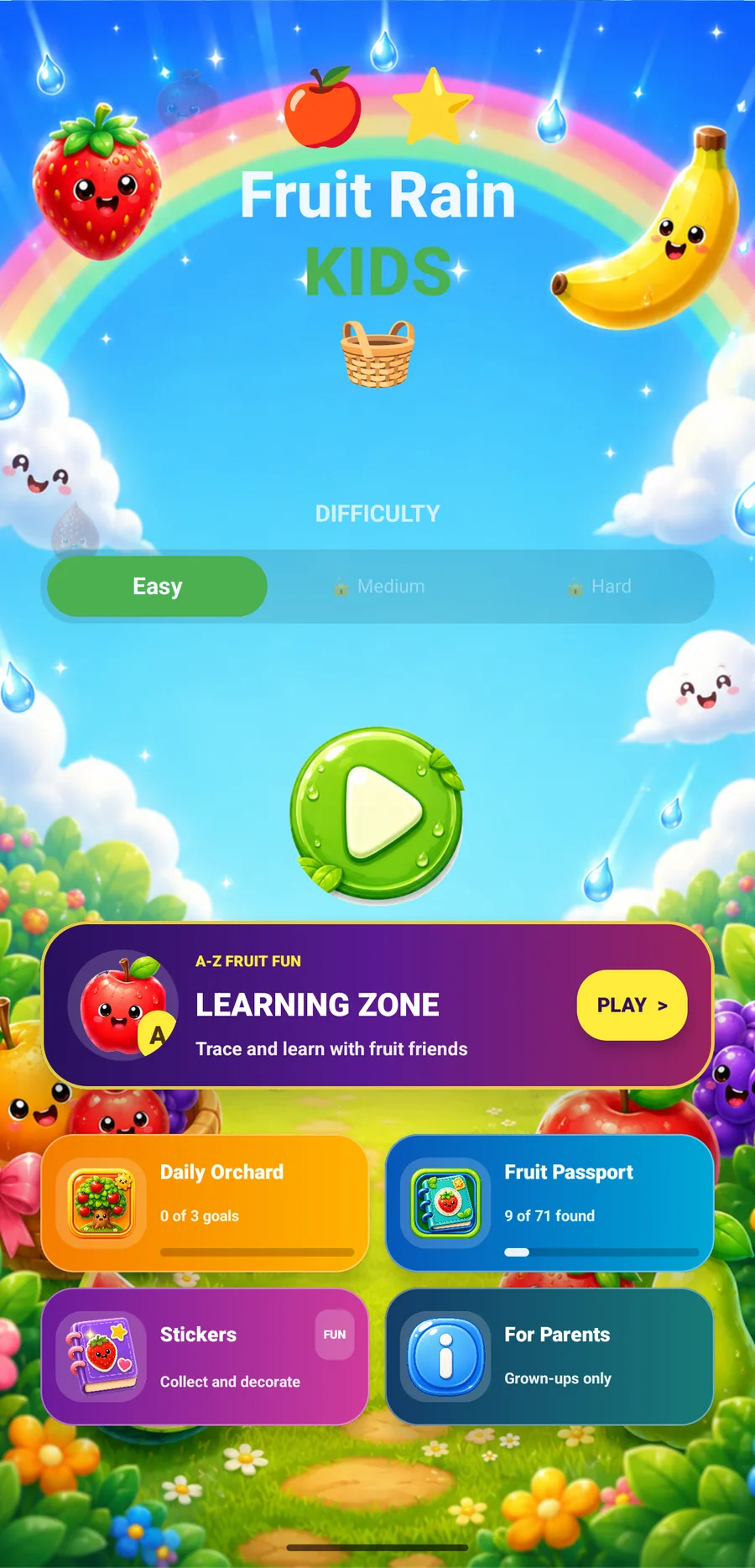 Fruit Rain Kids v14 orchard home with Learning Zone, Daily Orchard, Fruit Passport and Stickers