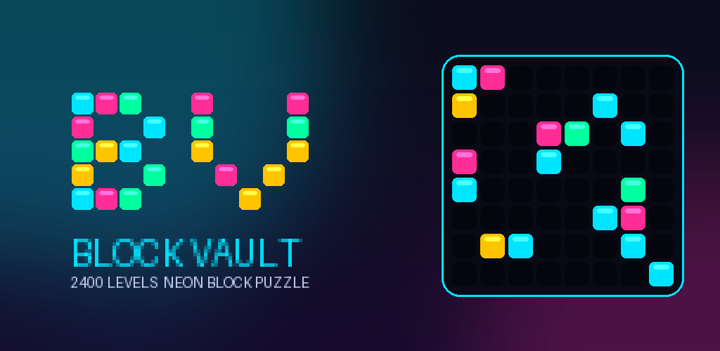 Block Vault gameplay — a neon 8x8 grid part-filled with coloured blocks